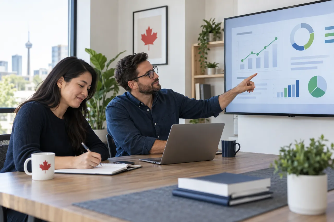 Canadian small-business team reviewing online reputation trends and planning responses